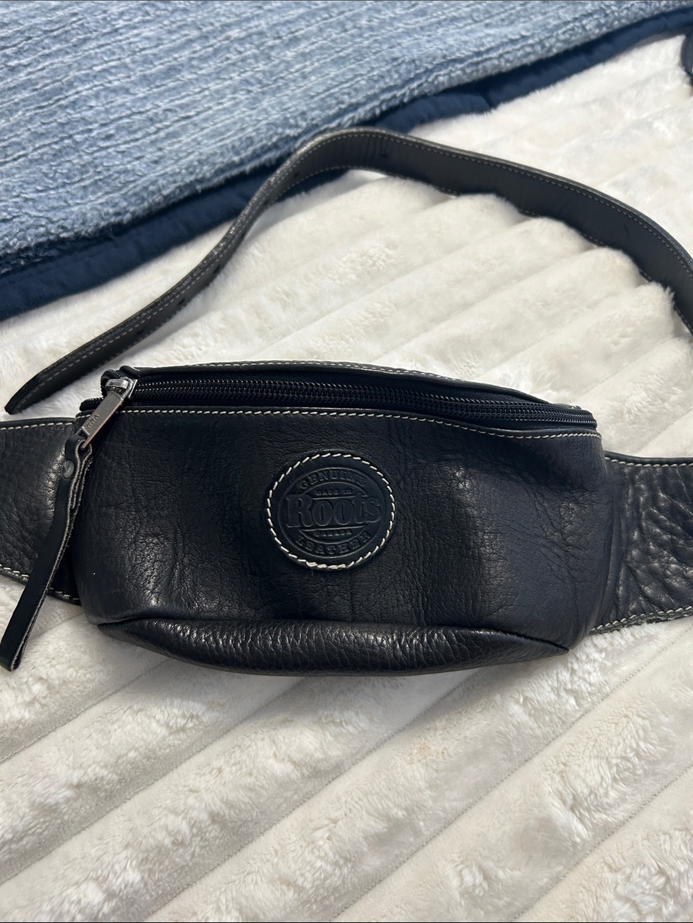 Roots Black Leather Belt Bag with Logo Patch